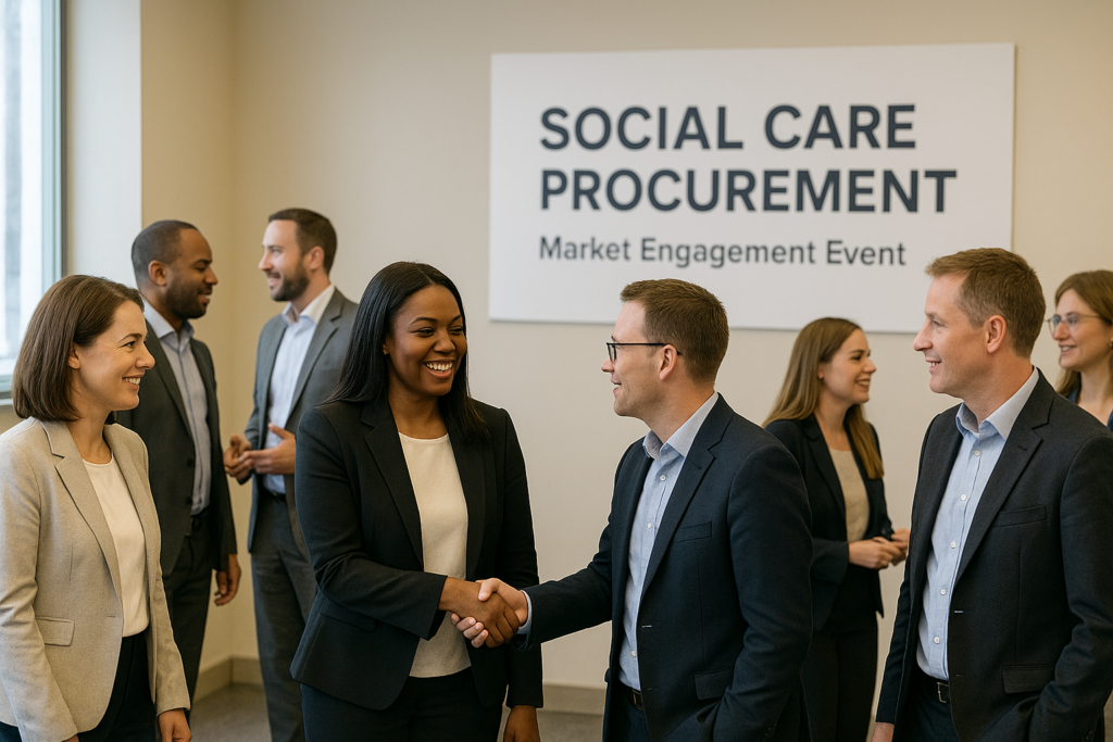 Commissioners and providers networking at a Social Care Procurement Market Engagement Event, reflecting early tender planning, bid writing strategy and BFT Consult-style sector collaboration.