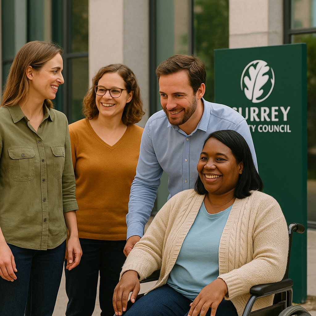 Diverse group of people outside Surrey County Council building, including a smiling woman in a wheelchair, representing disability support services re-commissioning and adult social care engagement in the South East of England. (Disability Support Services Re-Commissioning – Surrey Market Engagement Opportunity (2025)